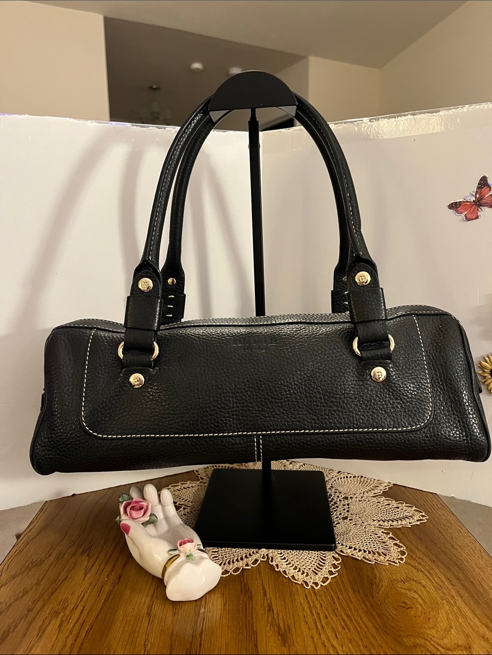 Kate Spade Long Mo Black Leather Shoulder Bag with Double Handles